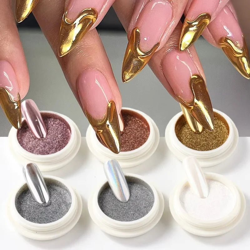 6 Box Moonlight Mirror Nail Powder Silver Fine Glitter Metallic Effect Pigment Gel Polish Chrome Holographic Nail Powder Qme