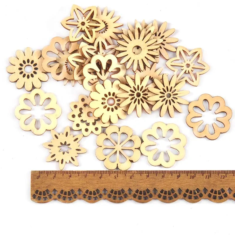 50pcs Hollow Flower Shape Natural Wooden Embellishment Scrapbook Accessories Handmade Crafts Ornament Home Decor 19-32mm c3626 Qme 1