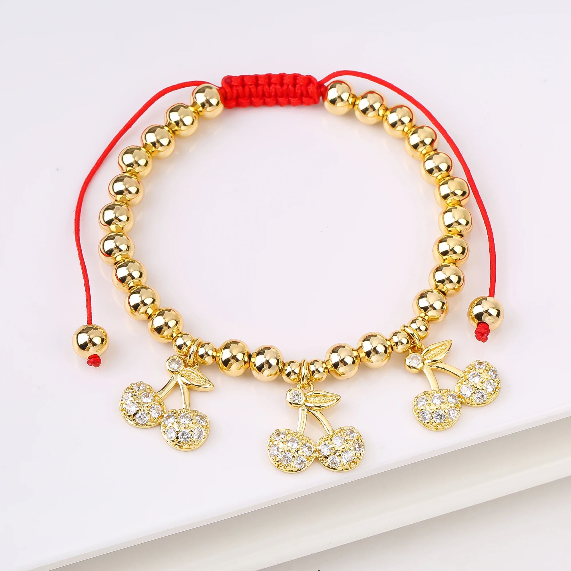 Gold-Plated Copper Bead Chain Braid Crystal Red Cherry Bracelet for Woman Female Daily Party Wrist Jewelry Friendship Gift Qme 10