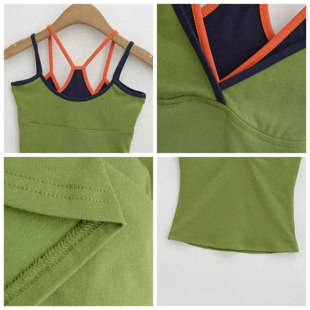 Fashion Slim Fit Fake Two Camisole Patchwork Streetwear Crop Tops Qme