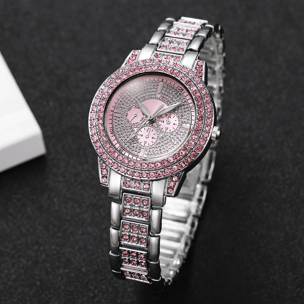 1/3PCS Luxury Rhinestone Women Watch Diamond Jewelry Set Elegant Steel Ladies Quartz Wristwatch Reloj Mujer（Without Box） Qme