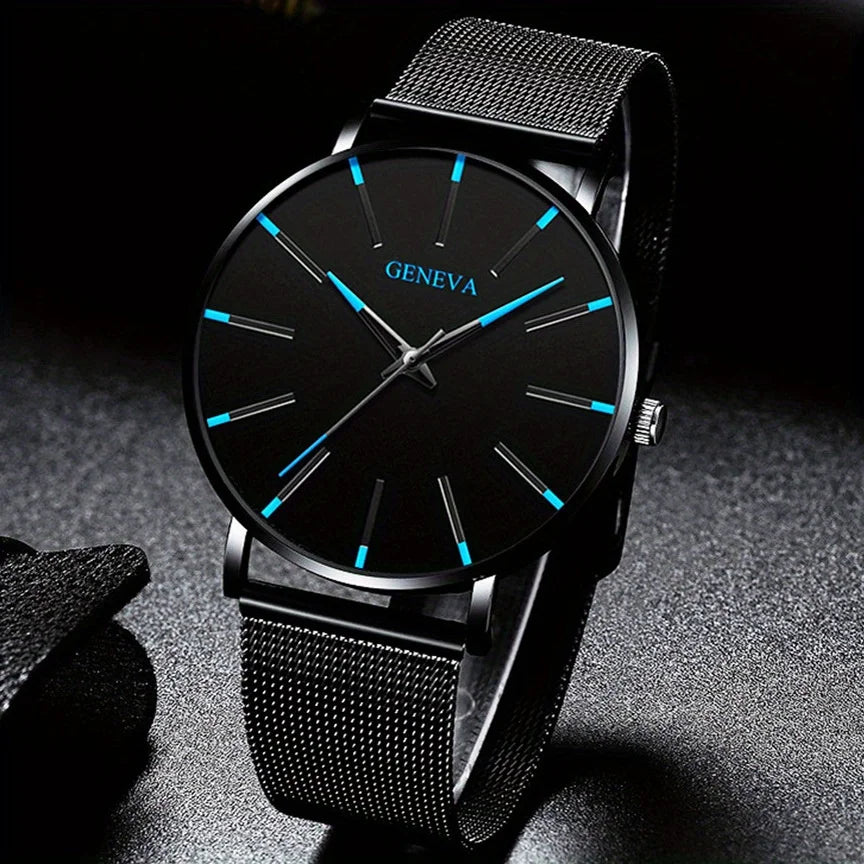 Casual Round Pointer Quartz Watch Large Geo Dial Analog Mesh Strap Wristwatch For Women Men Qme Multicolor No
