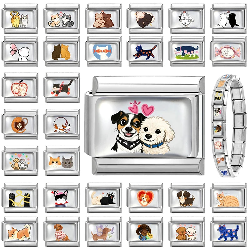 Fashion Pink Heart Dogs Cats Colorful Pets Animals Italian Charm Fit 9mm Stainless Steel Women Fashion Bracelet DIY Jewelry Gift Qme