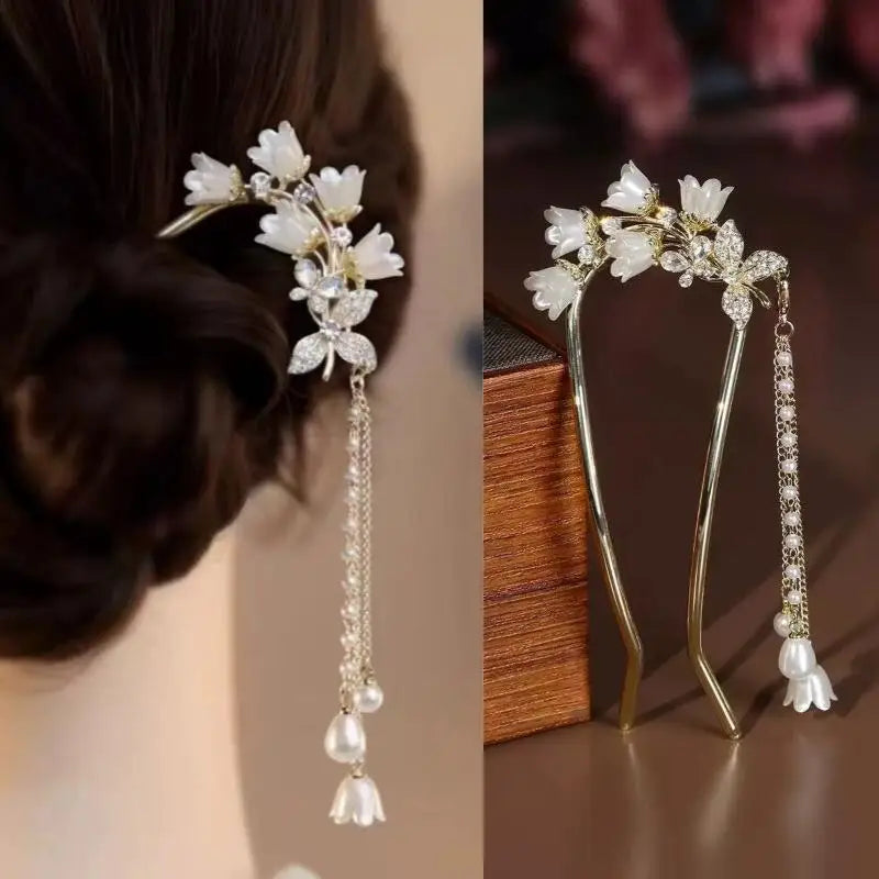 Chinese Hanfu Hair Accessories Long Tassel Vintage Lily Valley Qme A1