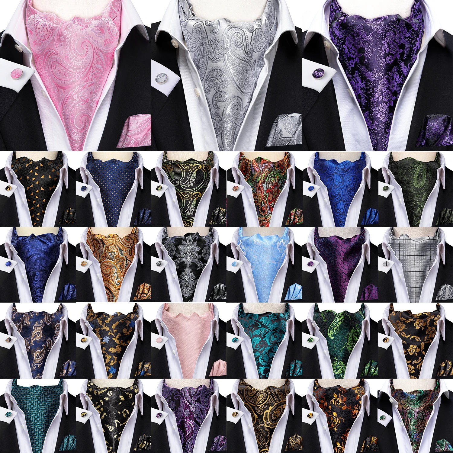 Hi-tie Mens Ascot Pocket Square Cufflinks Jacquard Paisley Floral Qme