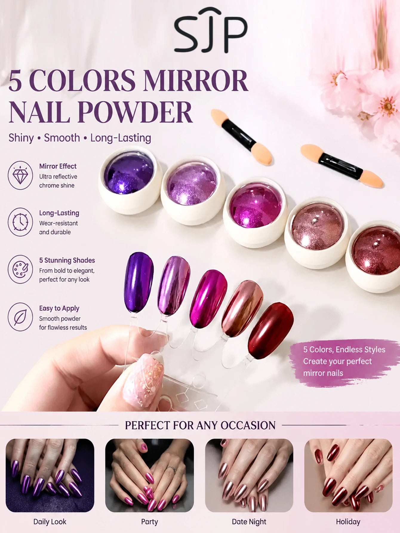 5 Enchanting Purple Series Chrome Nail Powder Mirror Effect Metallic Qme