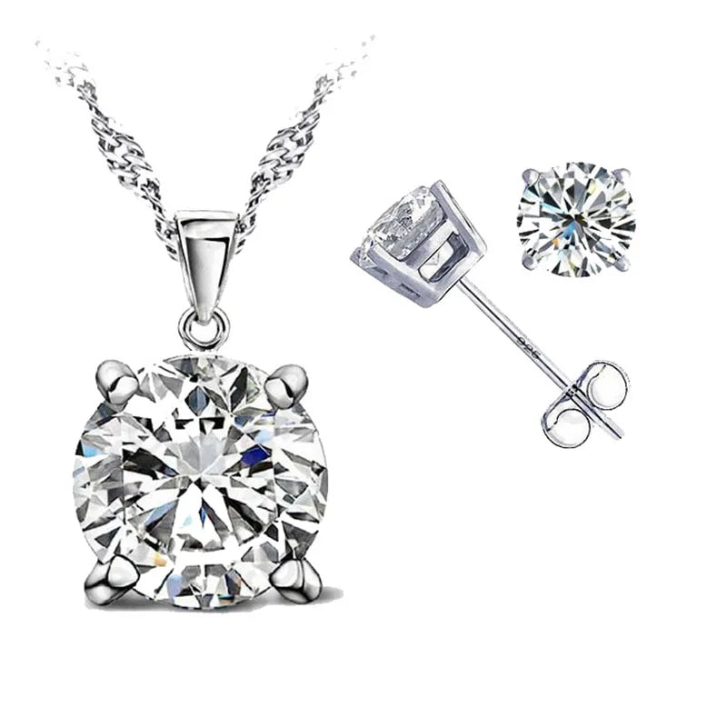 Good Quality 925 Sterling Silver Color Jewelry Sets for Woman Classic Claw Setting Cubic Zirconia Stud Earring Pendant Necklace Qme Color 1