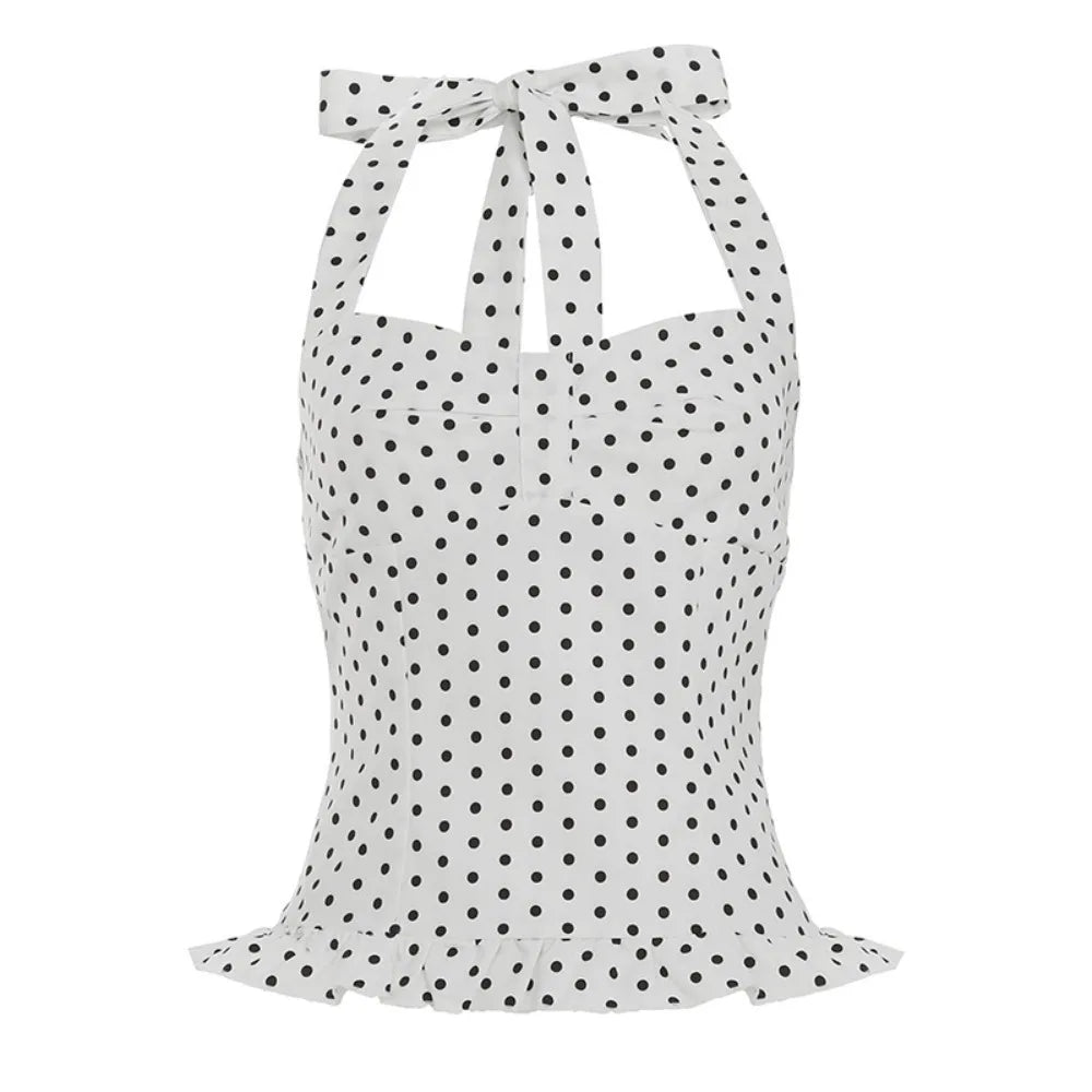 Fashion Sleeveless Women Crop Pleated Y2k Lace-up Dots Camisole Beach Qme White L