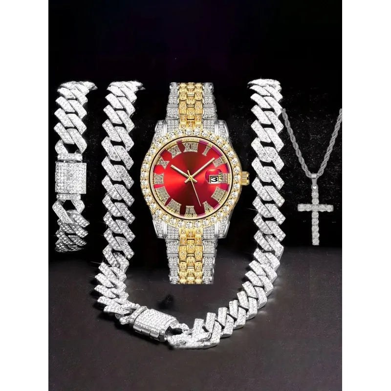 Hip hop watch+bracelet, strap, necklace set, diamond studded hip hop watch set, WATCH large dial Qme Brown