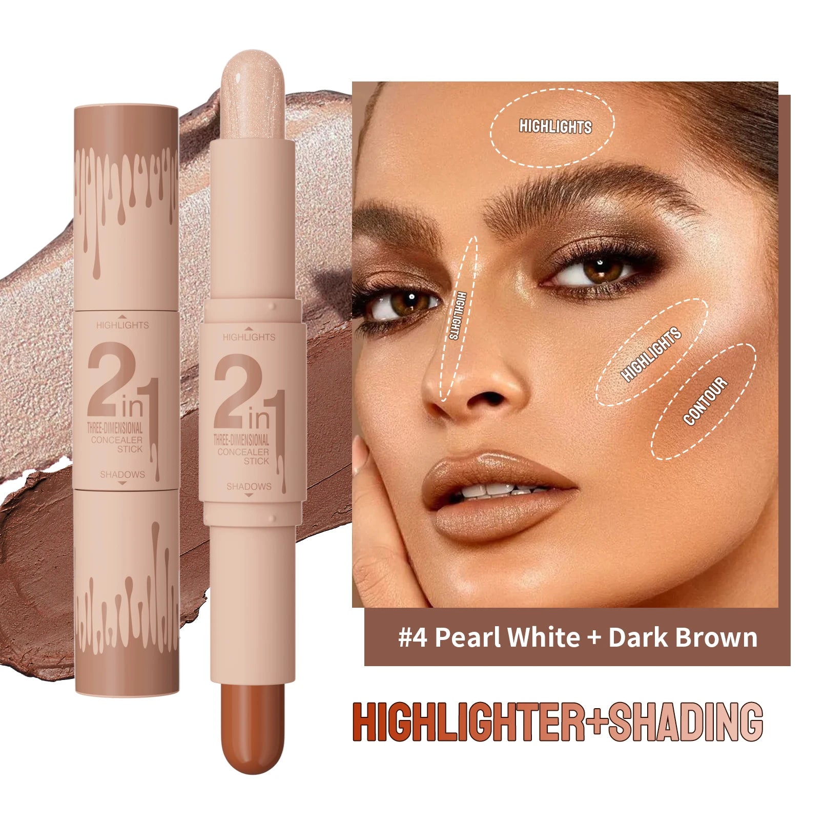 Double-ended dual-purpose high-light trimming stick, three-dimensional contour, nose shadow, facial shape, brighten and trimming Qme 9512-4
