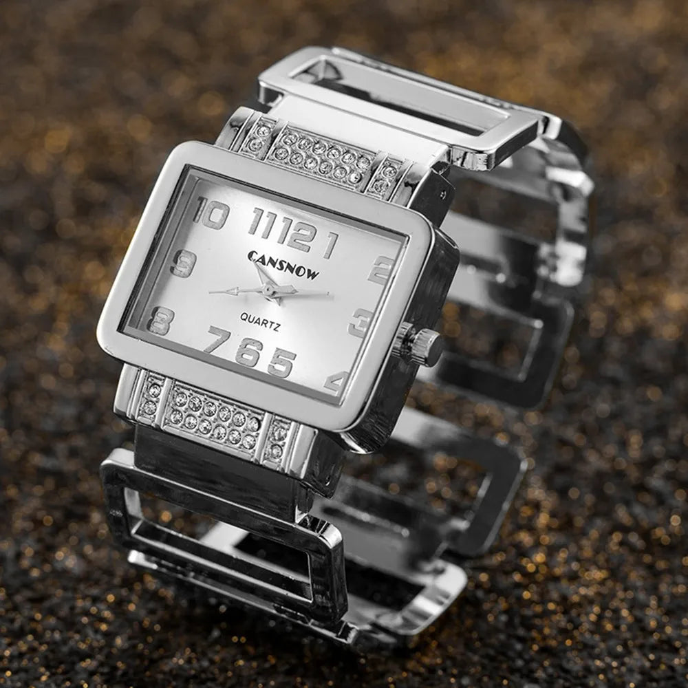 Cansnow Rectangle Ladies Watch Bracelet or Silver Bracelet Watches for Women with Hollow Stones and Quartz Fashion Clock Qme Silver