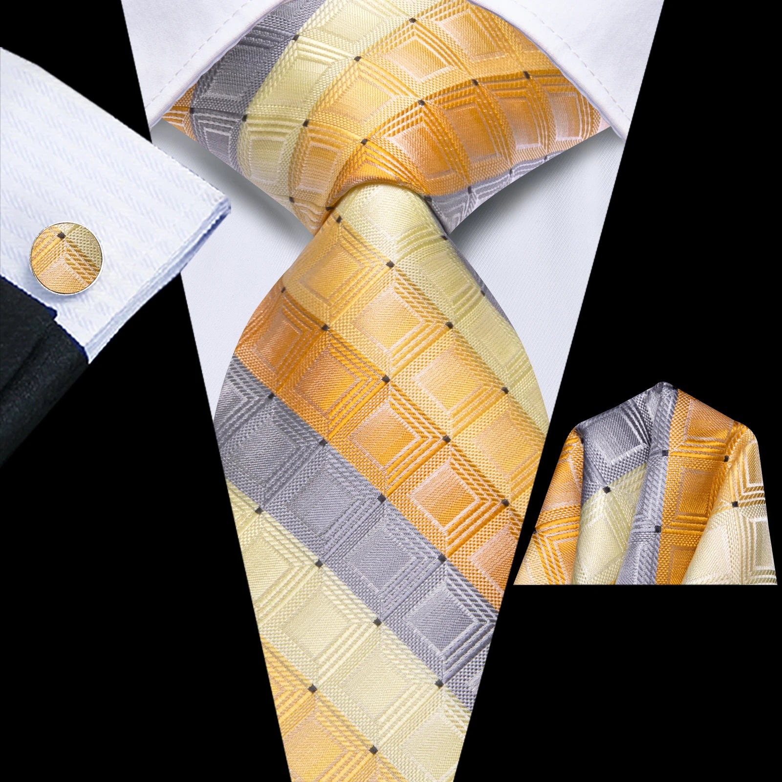 Hi-Tie Men Fashion Necktie Yellow Orange Brown Handkerchief Cufflinks for Tuxedo Accessory Classic Silk Luxury Gift Tie Qme HT-N-0205