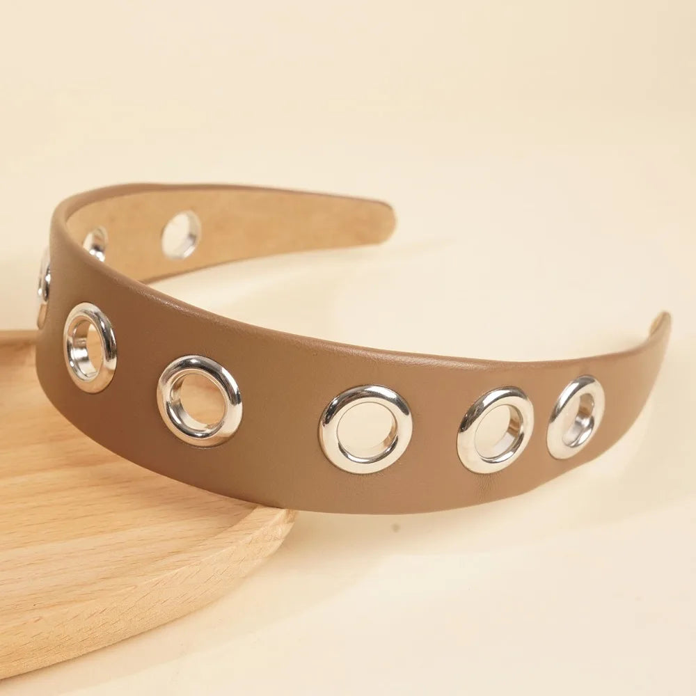 Solid Hollow Metal Headband Ring Y2k Hollowed Out Eyelets Stretchy Qme Khaki