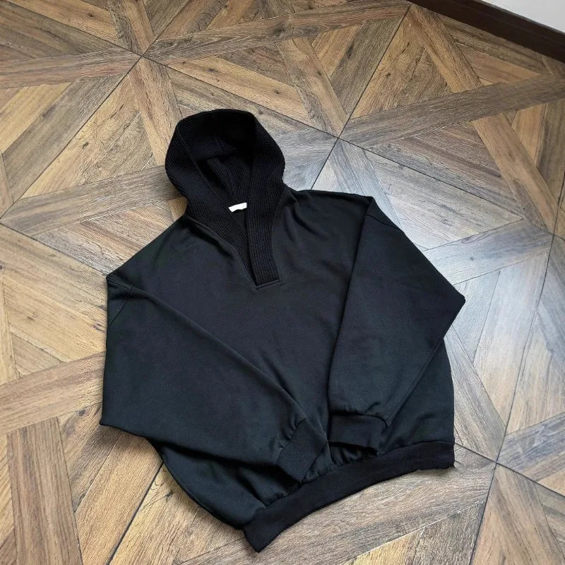 Cleanfit Gray Sweatshirt Men's Hooded Spring Autumn Wool Stitching Qme black L