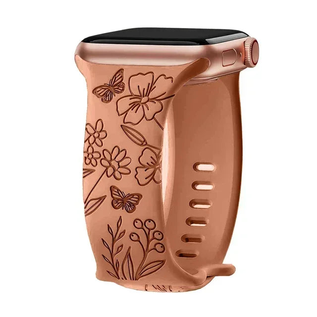 Floral Engraved Strap For Apple Watch Band 40mm 44mm 41mm 49mm 45mm 38mm 42mm silicone bracelet iwatch series 9 7 se 6 8 ultra 2 Qme Butterfly Brown 38mm 40mm 41mm