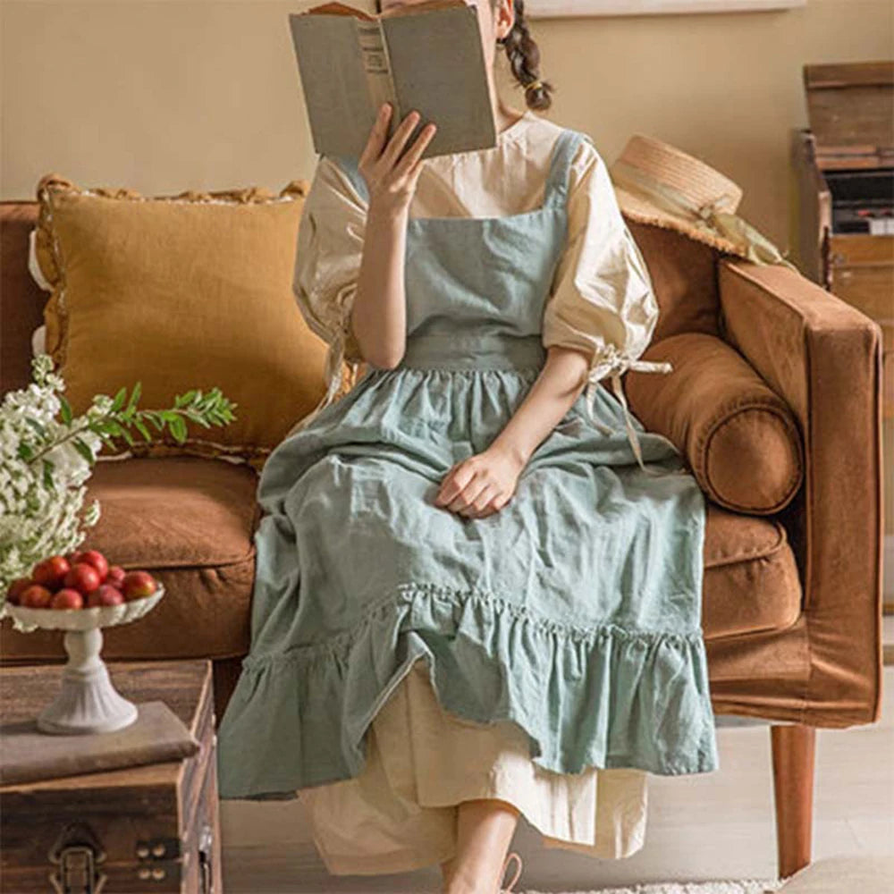 French Pastoral Florist Artsy Cotton Linen Vintage Apron Kitchen Baked Nordic Solid Color Ruffled Apron Home Qme