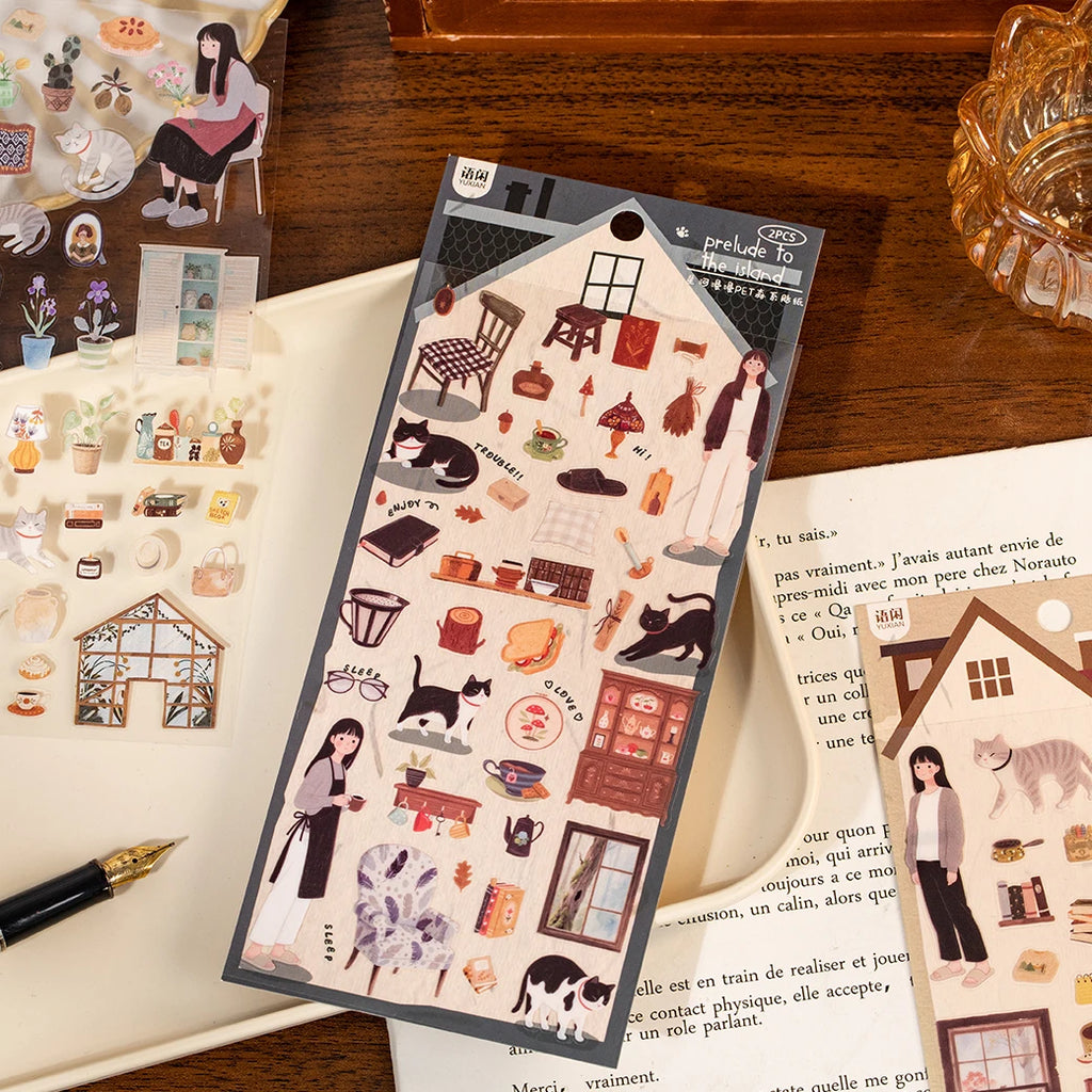 12 Sheets Daily Leisure Theme PET Stickers for DIY Craft Scrapbooking Collage Guitar Phone Case Notebook Decoration Qme