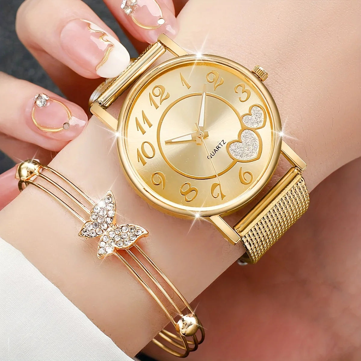 3/5Pcs Butterfly Watch Jewelry Set Women Rose Gold Mesh Quartz Wristwatch Crystal Butterfly Necklace Earrings Bangle Ring Gift Qme