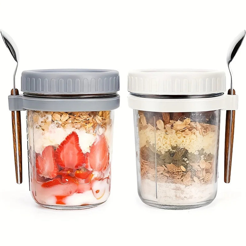 Glass Oatmeal Cup Overnight Oats Container Lid Spoon Cereal Milk Qme