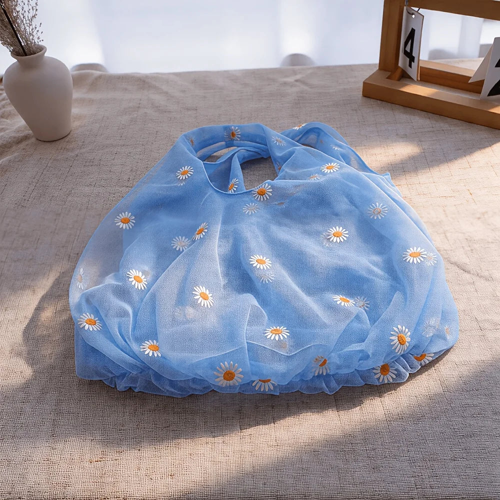 1pc Spring Summer Mesh Small Daisy Handbag, Cute Fairy Handbag Qme Light Blue