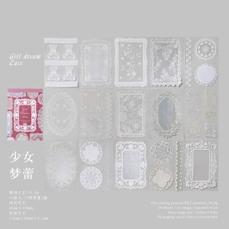 30Sheets/Bag Lace Theme PET Stickers for DIY Scrapbooking Collage Art Frame Laptop Phone Cup Luggage Guitar Skateboard Decal Qme 2
