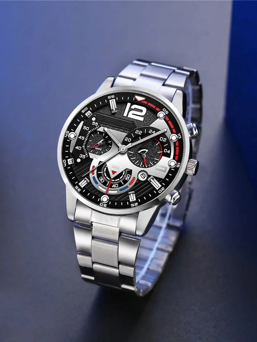 2pcs Men's Fashion Trend Metal Watch Strap Trinocular Dial Quartz Watch Handsome Lion Head Bracelet Qme