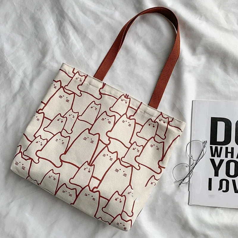 Cute Cartoon Cat Canvas Tote Bag Women Fashion Shoulder Casual Qme