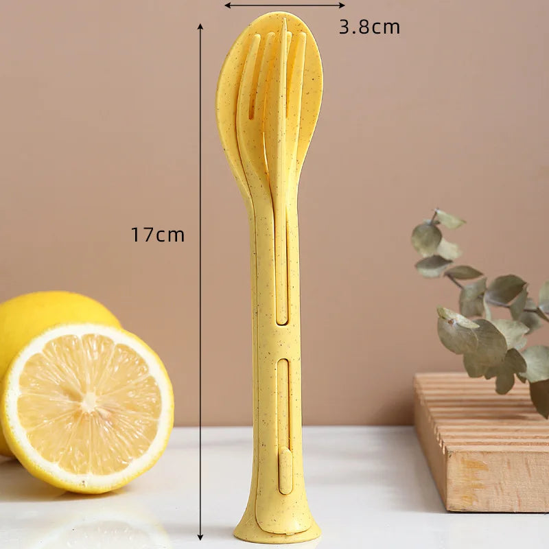 3PCS Portable Wheat Straw Cutlery Set Detachable Travel Tableware Dinnerware Set Camping Picnic Spoon Fork Chopsticks Kit Qme YELLOW