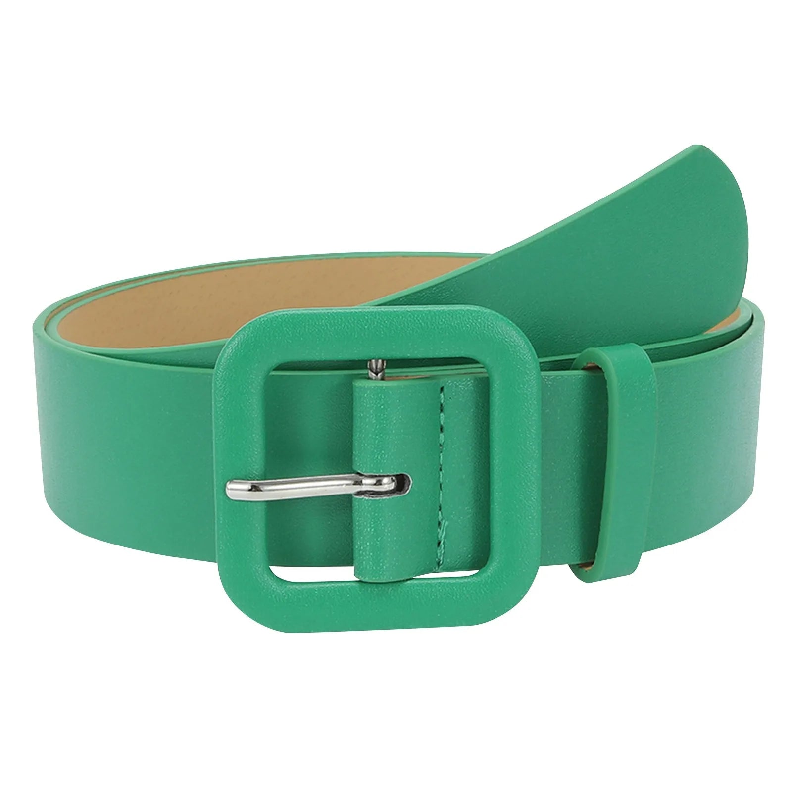 Ladies' Square Buckle Candy Colored Decorative Belt Fashionable Casual Versatile PU Leather Wide Belt Daily Dress Up Accessories Qme Green
