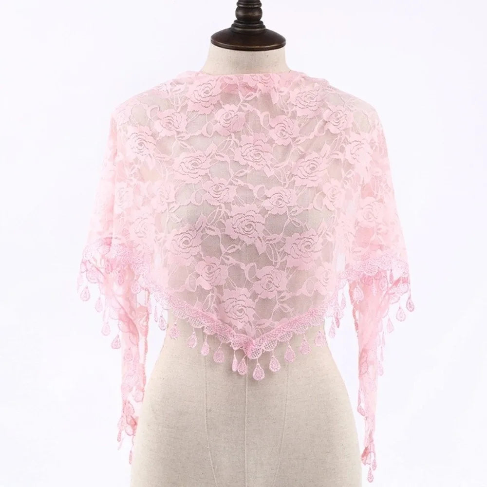 Sun Protection Lace Scarf Colorful Tassel Printed Wraps Hair Qme Pink