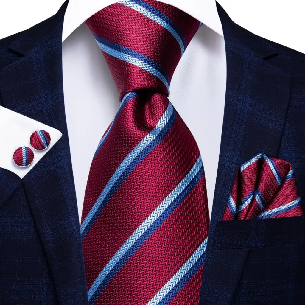 Black Red Striped Wedding Tie Men Handky Cufflink Necktie Fashion