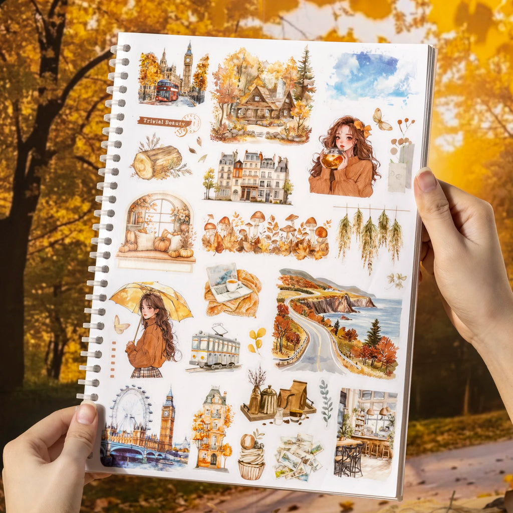 20sheets/bag Golden Autumn Daily Life Theme Die Cut Sticker Sheets for Scrapbooking DIY Frame Collage Decoration Laptop Qme
