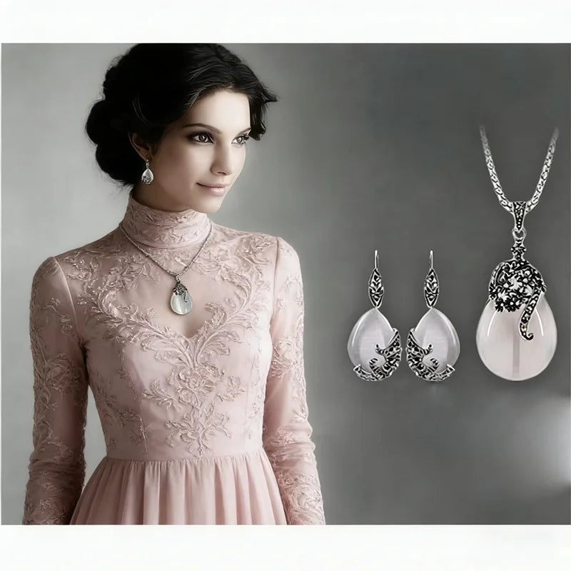 Vintage Elegant 925 Sterling Silver Color Fashion Opal Water Drop Pendants Long Necklaces Earrings Women Jewelry Sets Qme