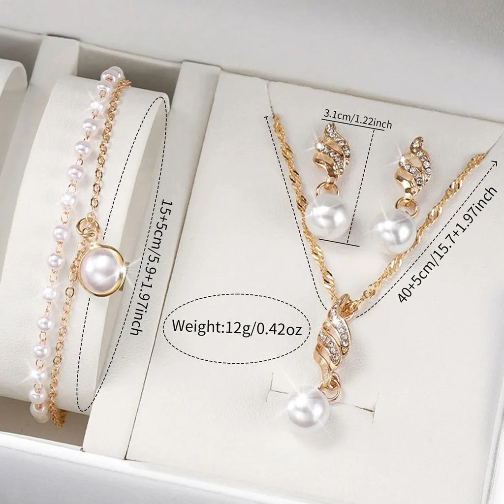Women Rose Gold Pearl Jewelry Watch Set White Leather Quartz Wrist Watch Necklace Earrings Bracelet Ladies Elegant Gift Qme