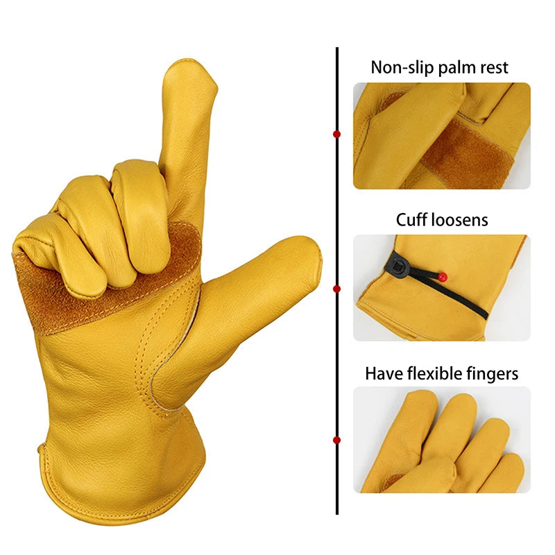 Yellow Cowhide Safety Gloves Heavy Duty Stretchable Welding Driving Qme