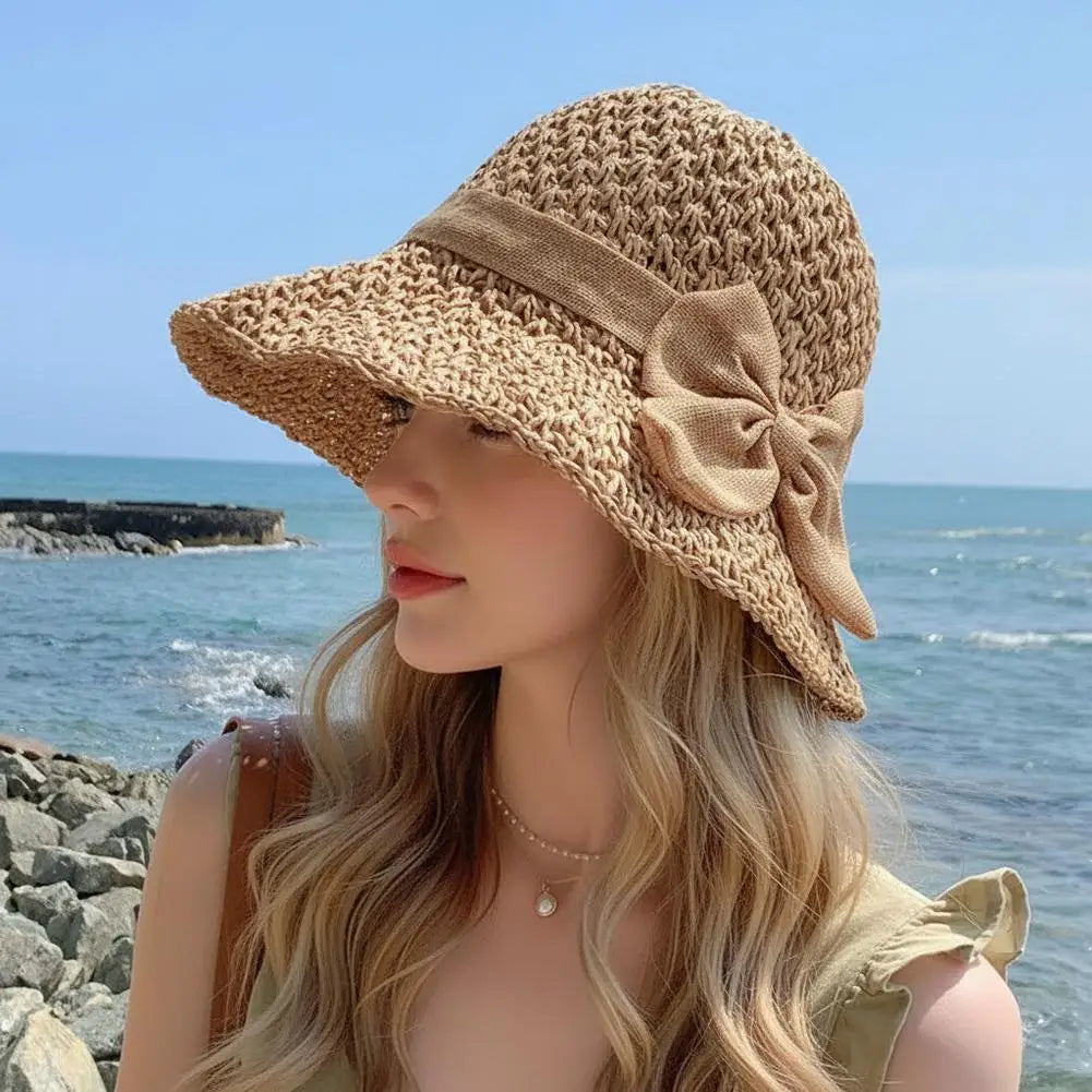 Wide Brim Floppy Beach Sun Hat Hundred Throw Bucket Cap Bowknot Girls Qme