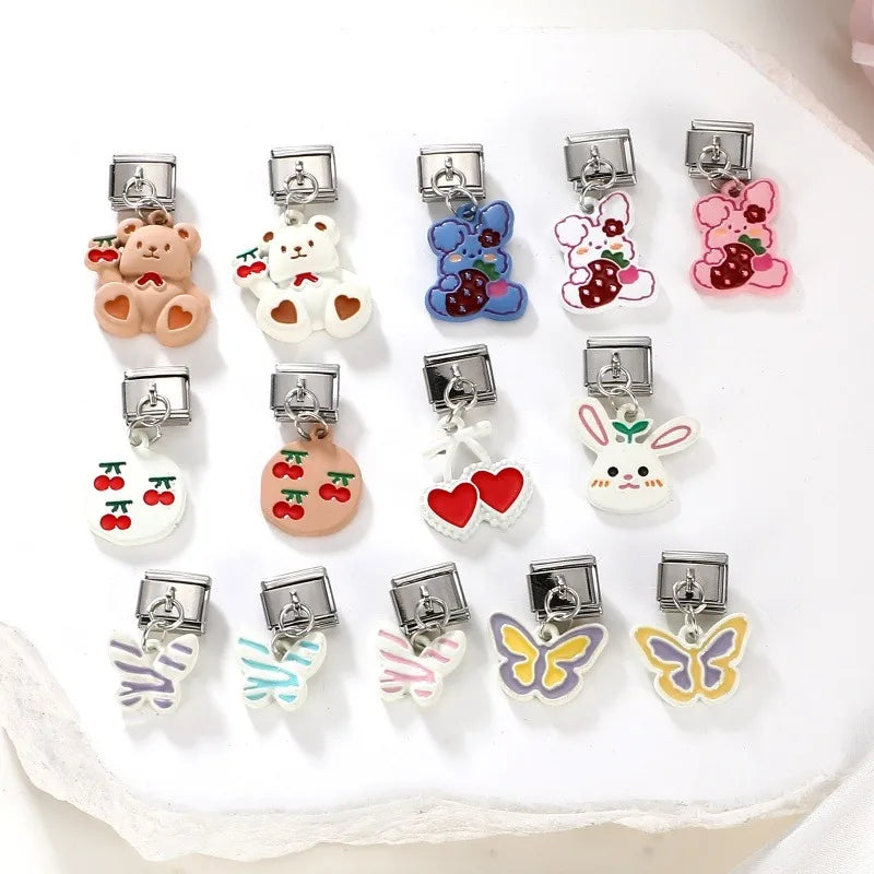 2025 Wholesale Cute Cartoon Rabbit Bear Pendant Italian Charm Links Fit 9mm Stainless Steel Bracelet Women DIY Making Jewelry Qme