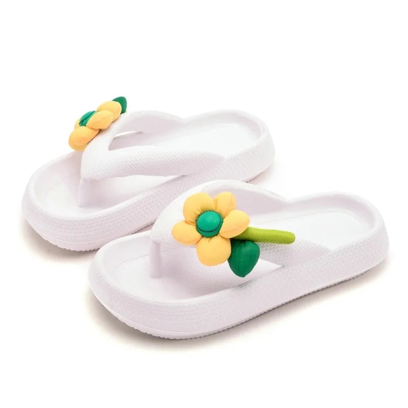 New Summer Platform Flip-Flops Handmade Flower Soft Bottom Cloud Slippers Travel Holiday Beach Lady Cute Shoes Women Slides Qme A-White 44-45