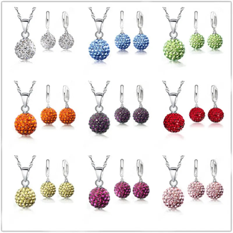 Crazy New Jewelry Sets 925 Sterling Silver Color Austrian Crystal Pave Disco Ball Lever Back Earring Pendant Necklace Woman Gift Qme