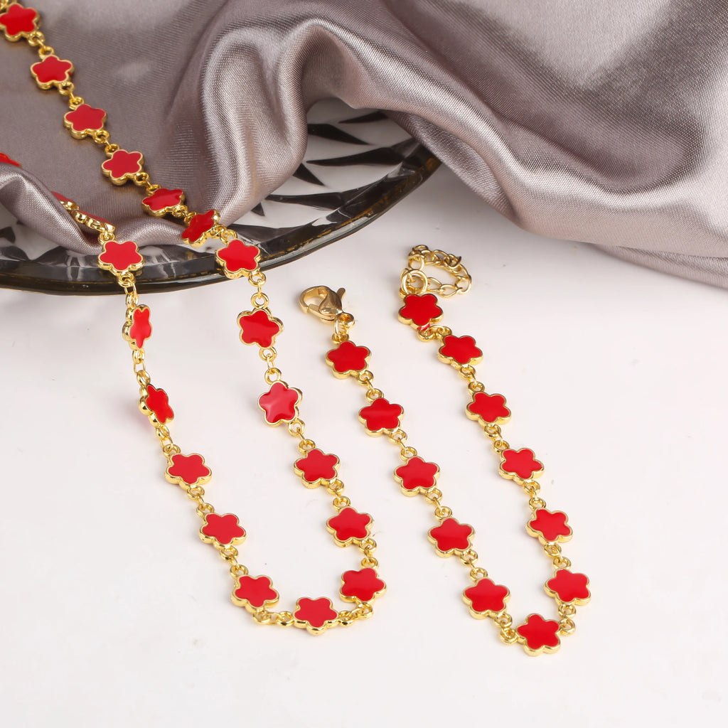 Classic 7 Color Copper Drip Oil Five-Leaf Flower Bracelet Necklace Pentagram Jewelry Set For Women Wedding Party Daily Wear Qme