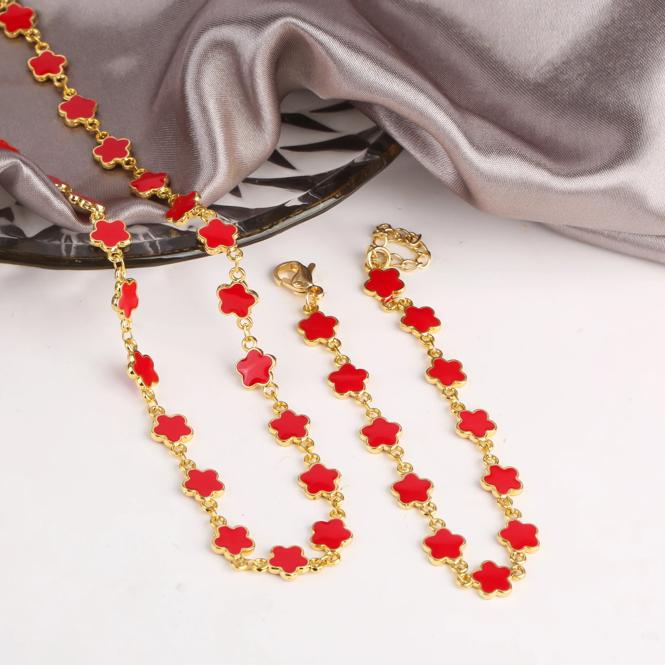 Classic 7 Color Copper Drip Oil Five-Leaf Flower Bracelet Necklace Pentagram Jewelry Set For Women Wedding Party Daily Wear Qme