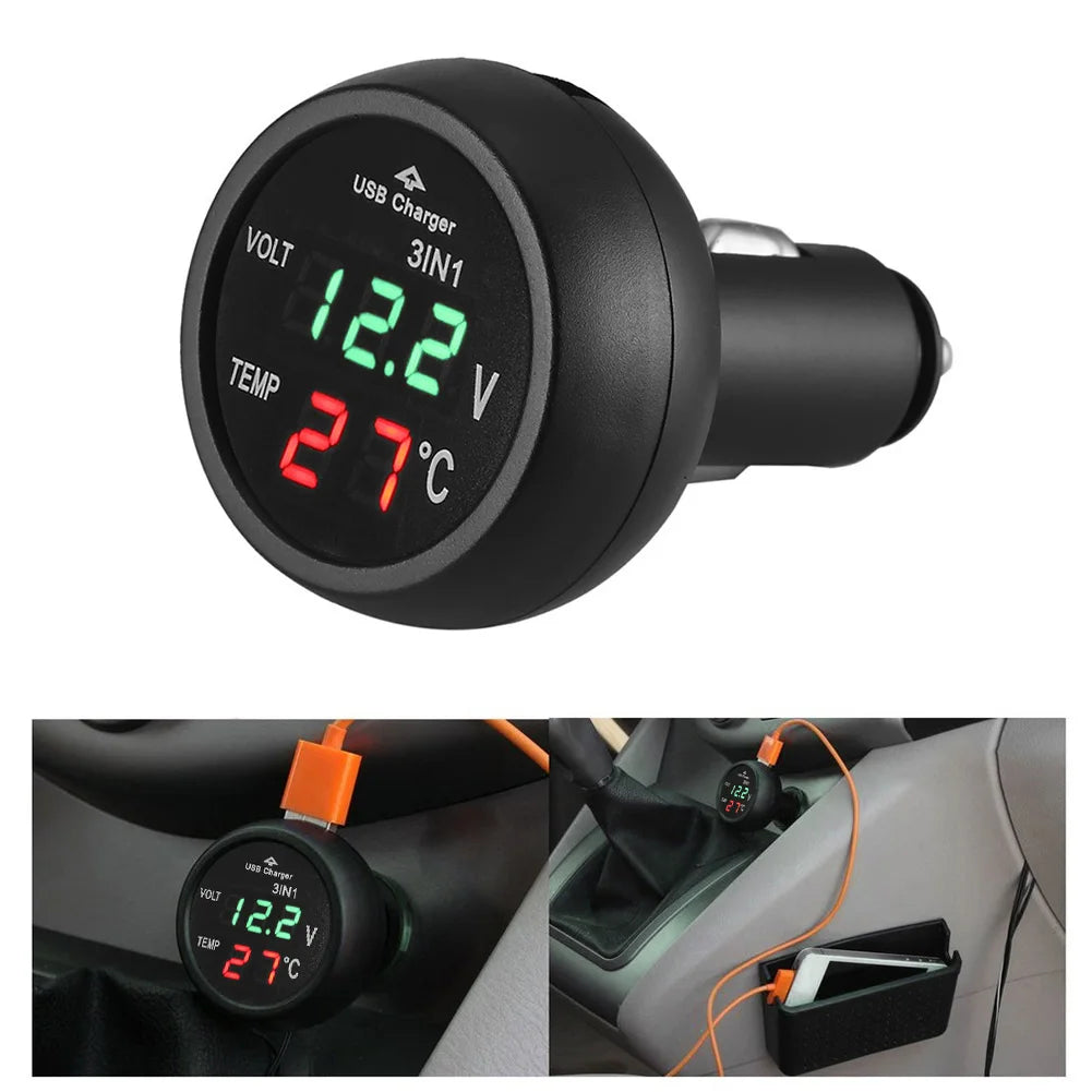 Car Charger 3 in 1 12/24V Charge with Voltmeter Switch Car Auto LED Digital Voltmeter Gauge Thermometer USB Charger Qme
