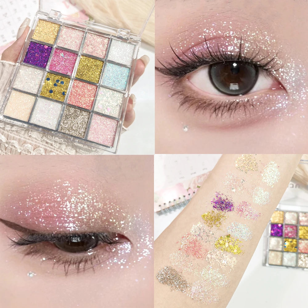 16-Color Glitter Eyeshadow Pumpkin Cherry Blue Purple Shades Bold Qme shining