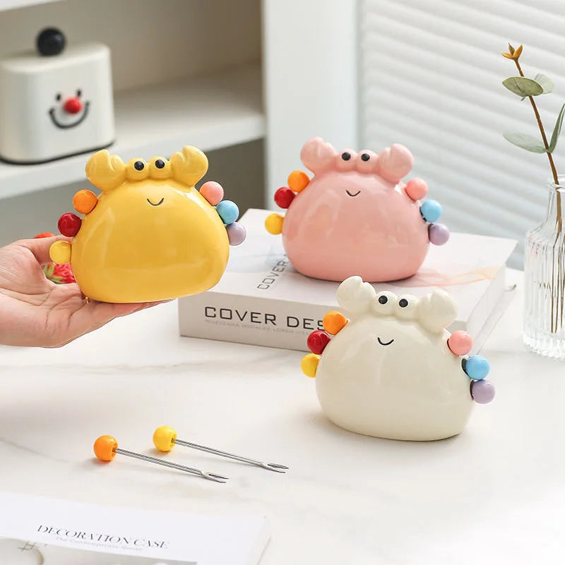 Cute Crab Shape Stainless Steel Fruit Fork Ceramic Storage Jar Safe Qme