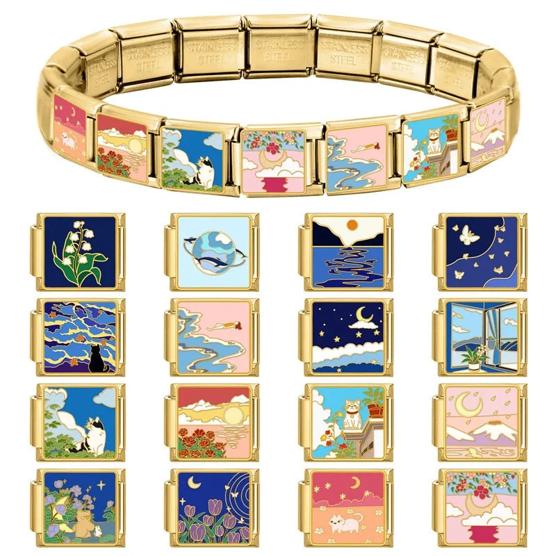 2025 Women Fashion Heart Taichi Blue Sea Scenery Moon Flower Night Sky Italian Charms Fit 9mm Stainless Steel Bracelet Jewelry Qme