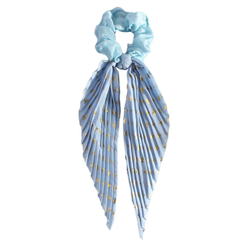 Handmade Pleated Hair Scrunchie with Long Ribbon,Elastic Hair Tie for Girls,Retro Ponytail Hair Rope Fashion Hair Accessories Qme Sky Blue 3Pcs