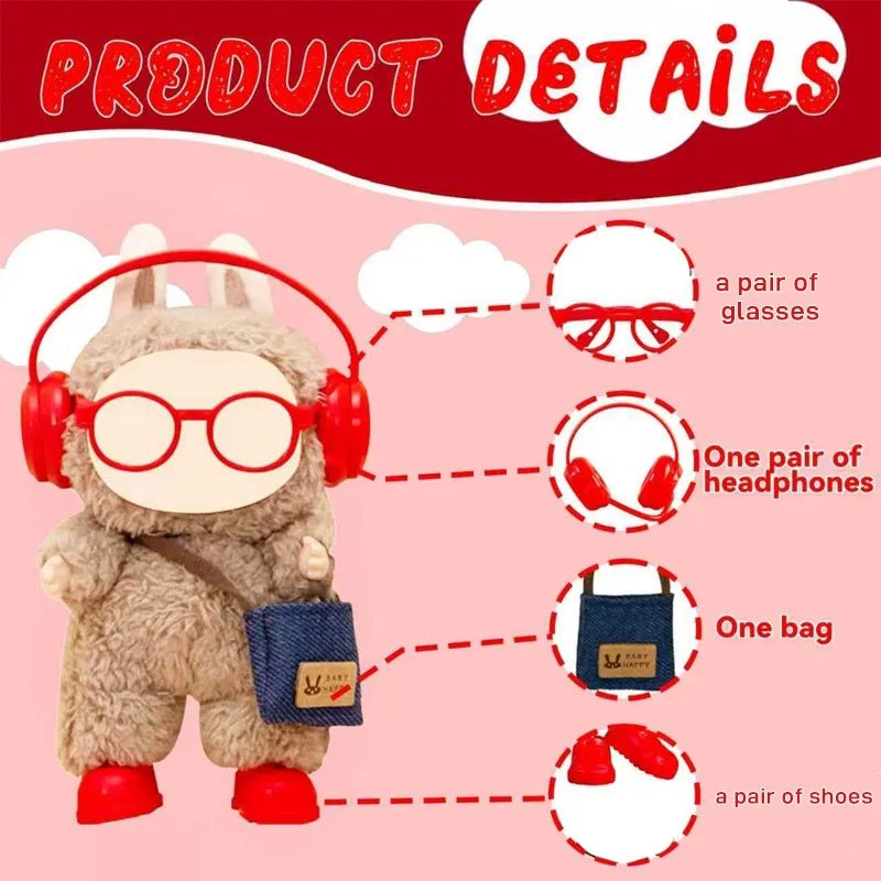 Suitable for LABUBU15-17cm dolls, 4 pairs of headphones, glasses, backpacks, shoes, interesting accessory decorations Qme