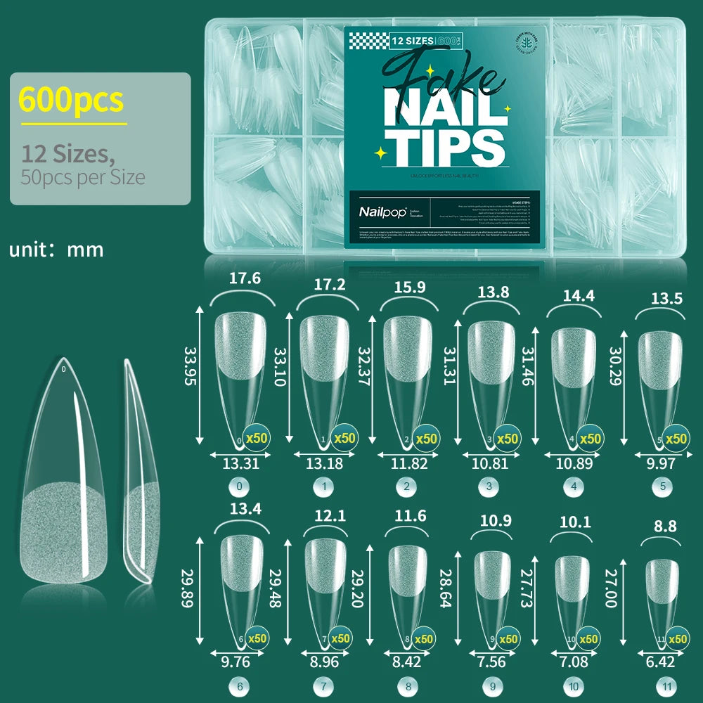 Nailpop False Nails 10 12 Sizes Full Cover Tips Clear Durable Qme L-Stiletto-600
