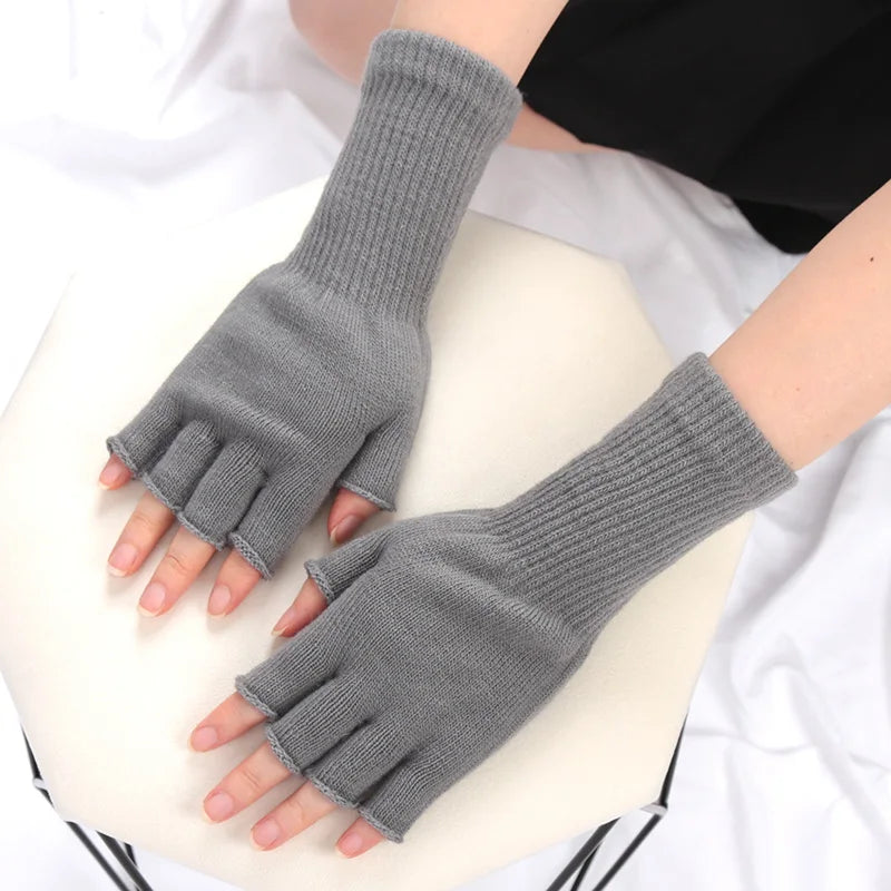 Long Gloves Black Fingerless Knitted Gloves for Men Women Warm Stretch Elastic Fashion Winter Outdoor Mitten Cycling Accessories Qme GRAY one size