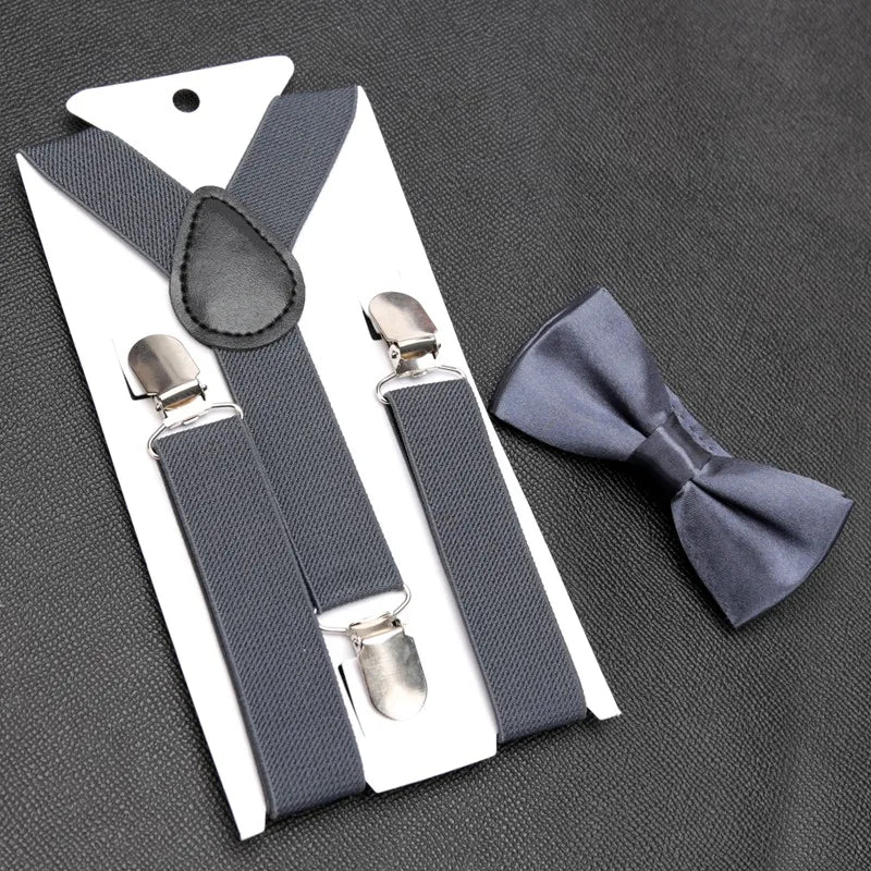 Kids Suspenders for Pants Bowtie Set Matching Tuxedo Suit Boy Girl Childs Black Adjustable Y-Back Brace Belt Wedding Accessories Qme